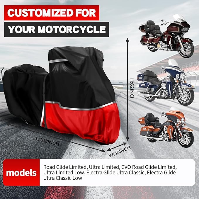 420D Waterproof Motorcycle Cover with Side Top Box Compatible with Touring Models Harley Davidson Road Glide Limited/Road King/Ultra Limited for Snow Rain Dust Protection All Weather Protection