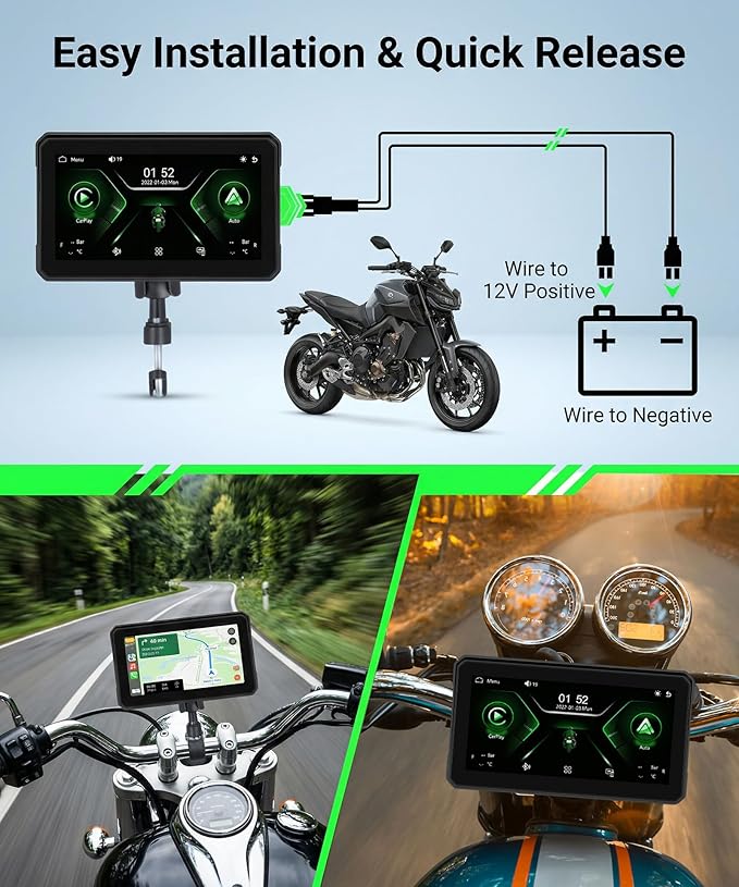 6 Inch Motorcycle Wirelsss Carplay Screen, Portable Touchscreen Motorcycle GPS Navigation System Car Play Moto Android Auto, Dual Bluetooth, IP68 Waterproof Moto Screen, Si-ri, Goo-gle Assistant