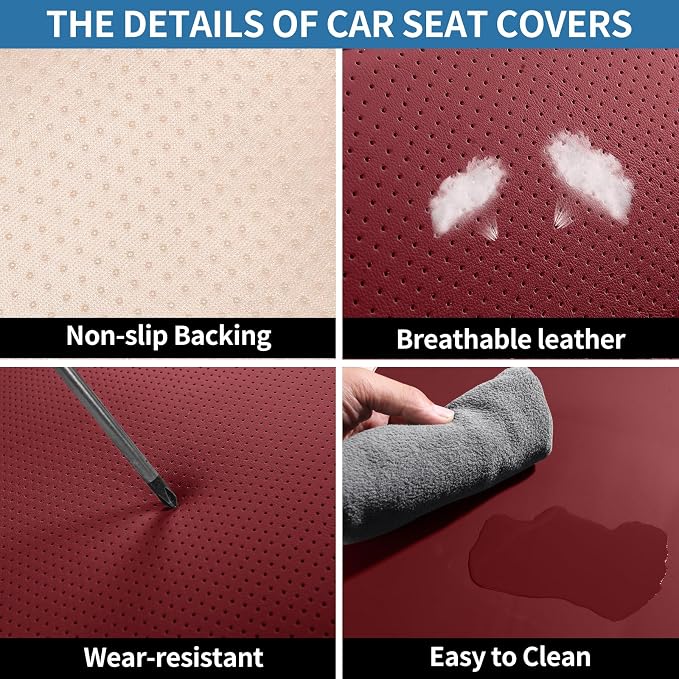 Red Leather Car Seat Covers Full Set Breathable Seat Protectors Waterproof Automotive Seat Covers Universal Fit for Most Cars SUVs Trucks Vehicles