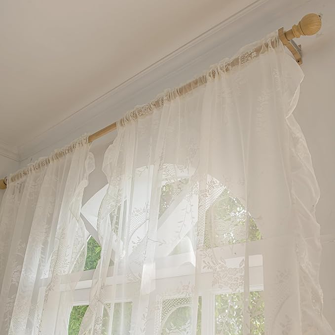 Sutuo Home Ivory Lace Curtains 96 Inches Long 2 Set, Sheer Panels Rose Floral Embroidery Vintage Voile Window Treatment Pair for Bedroom Living Room, Retro Christmas Decor Rod Pocket, W57 x L96