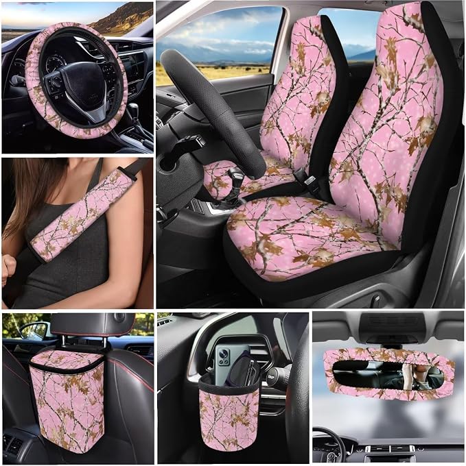 Dreaweet Pink Car Seat Covers Full Set Branch Camo Steering Wheel Cover Seat Belt Pads Trash Bag Air Vent Storage Pouch Rear rview Mirror Cover Coaster Keychain,15 Pcs,Universal Fit