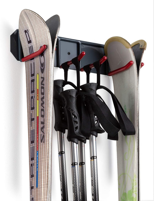Wall Mounted Rack Organizer for Skis and Poles Heavy Duty Horizontal Wall Ski Rack Garage Storage with Metal Frame and Padded Hooks Indoors Outdoors Premium Wall Hooks (Medium Holds 2 Set of Ski's)