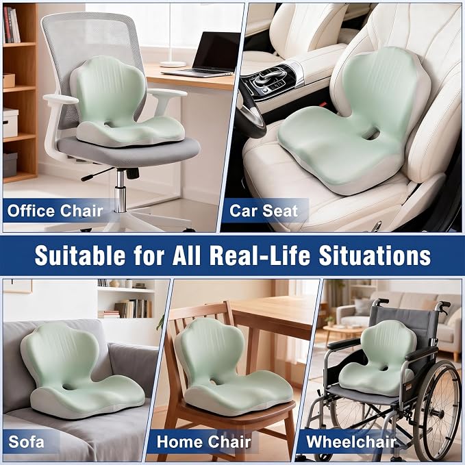 Car Seat Cushion with Lumbar Support Pillow, Memory Foam Office Chair Cushion for Back Pain Sciatica Pain Relief, Ergonomic L-Shaped Seat Cushion for Car Truck Driving Office Chair Home (Green Gray)