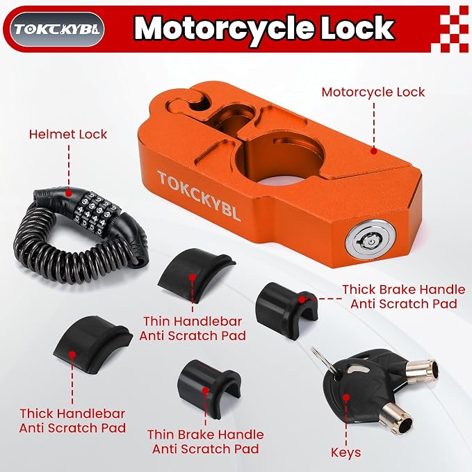 Motorcycle Lock, Heavy Duty Anti Theft Helmet, Brake and Handlebar Lock, Universal for Motorcycles, ATVs, Dirt Bikes, Mopeds, Scooters, Orange