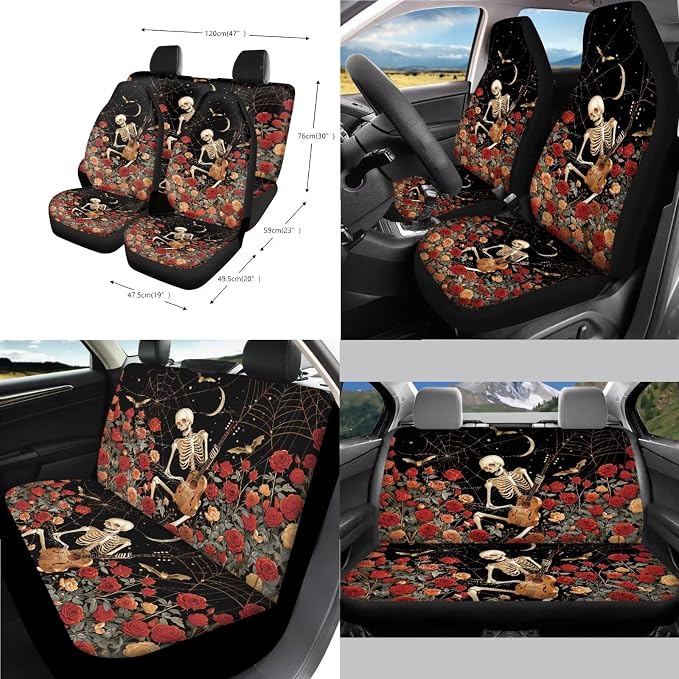 Skeleton Rose Print Full Set Car Seat Covers with Accessories Decorative Front and Rear Split Bench Seat Covers Steering Wheel Cover Armrest Cushion Universal Fit Sedan SUV Truck