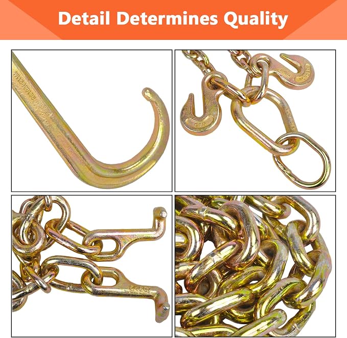 3/8" Grade 70 V-Type Transport Tow Chain w/15 J-Hooks 2Ft Long Shank Legs for Flatbed Truck Tie Trailer Tractor Car Wrecker Tow Chain,7800Lbs Working Load Limit,G70 Steel Towing Bridle,Yellow
