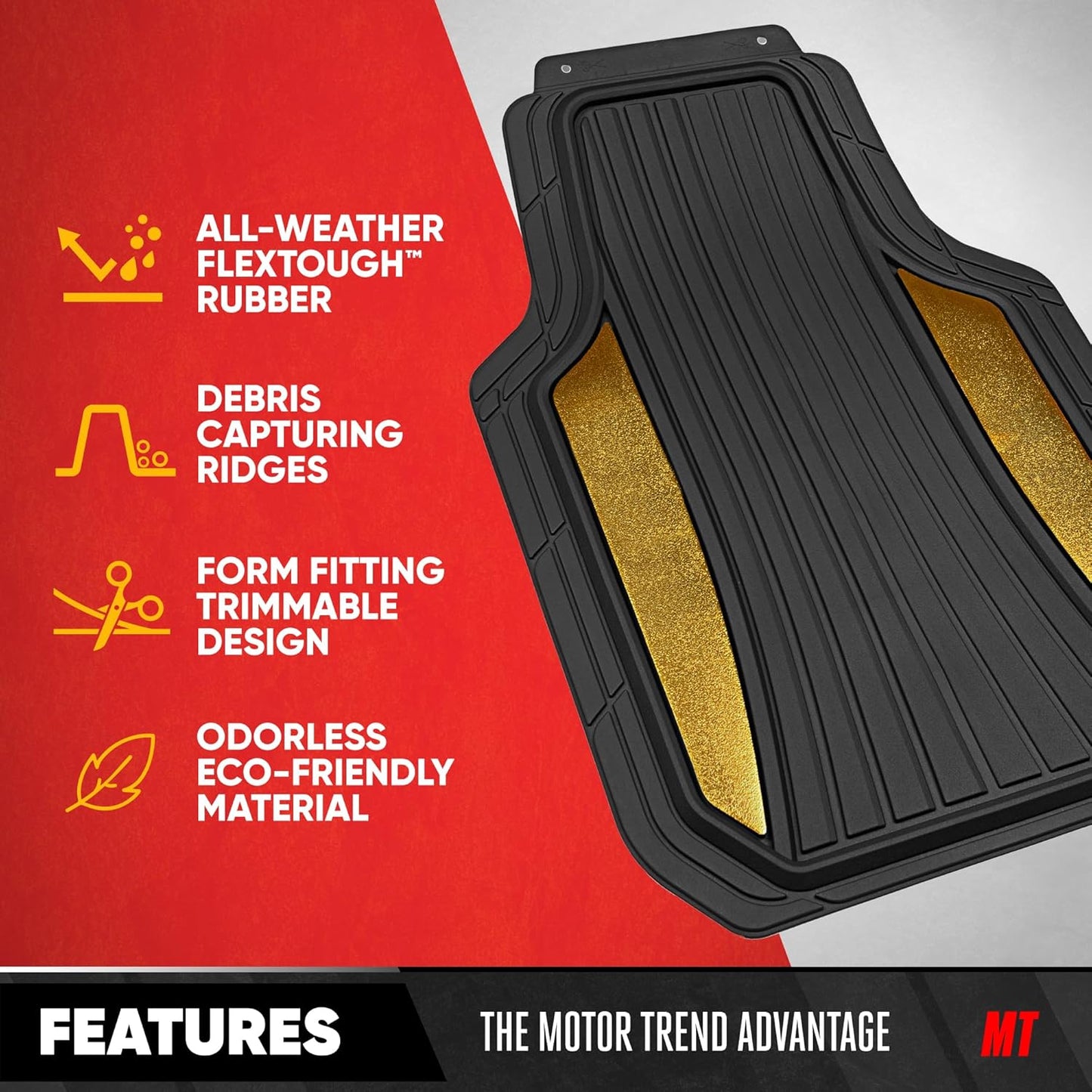 Motor Trend ChromeTech Car Floor Mats Full Set - Durable Rubber Floor Mats for Cars with Two Tone Accent, All Weather Interior Protection for Front and Rear with Non-Slip Backing, Black/Gold