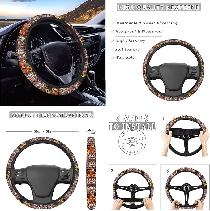 Highland Cow Print Car Seat Cover Sets Full Set Aztec Sunflower Print High Back Seat Covers with Steering Wheel Cover Armrest Cushion Safety Belt Pads Trash Can for Truck Sedan SUV