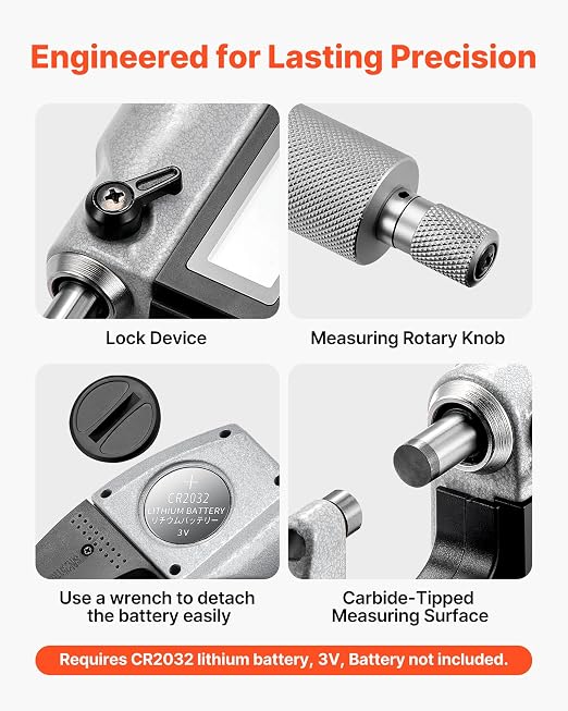VEVOR Micrometer Set, Digital Outside Micrometer 0-1 inch Measuring Range, 0.00005" Resolution, Ultra-Precision 0.0001 Accuracy, LCD Screen, in/mm Switch, Carbide Tip, with Protective Case