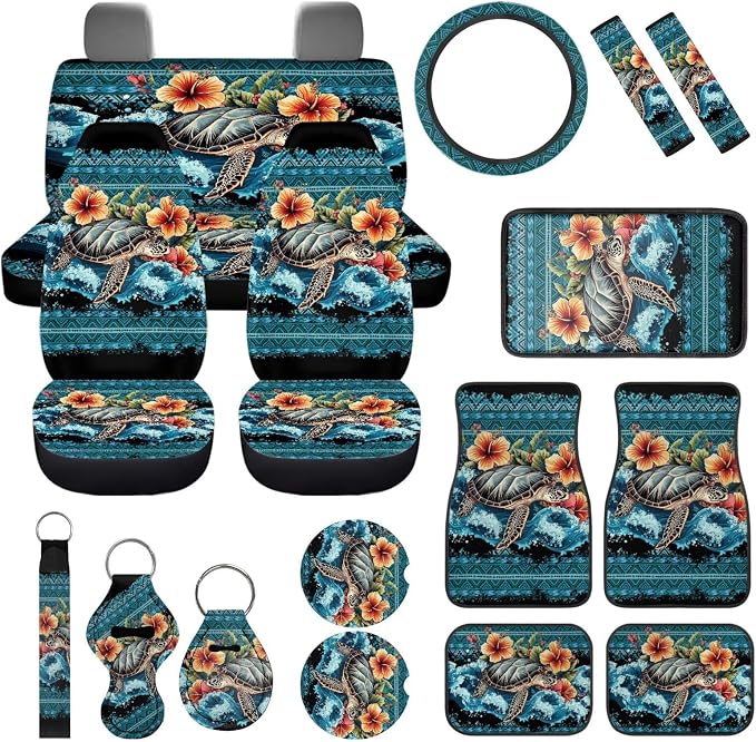 Sea Turtle Car Aaccessories Full Set of 17Pcs,Aztec Sea Turtle Car Seat Covers Set with Car Pass Rubber Floor Mats,Seat Belt Shoulder Pad,Steering Wheel Car Covers,Keychain Wristlet for Women