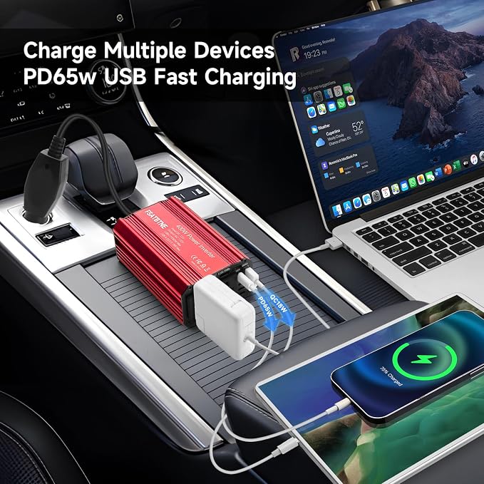 400W Power Inverter, FSATBTNE DC 12V to 110V AC Car Plug Adapter Outlet Converter with [65W PD USB-C] & [18W QC USB-A] Fast Charging Ports and 2 AC Outlets Car Power Inverters for Vehicles