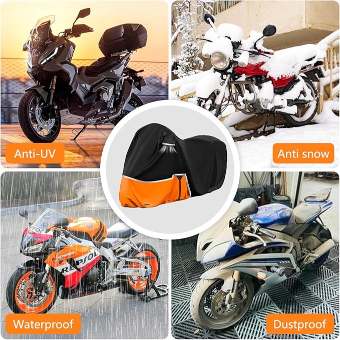 420D Motorcycle Cover Adventure Compatible with KTM R1250 GS Tenere 700 KLR 650 Africa Twin 1290 Super Adventure Transalp V-Strom Waterproof Outdoor All Weather with Lock Hole, Black/Orange