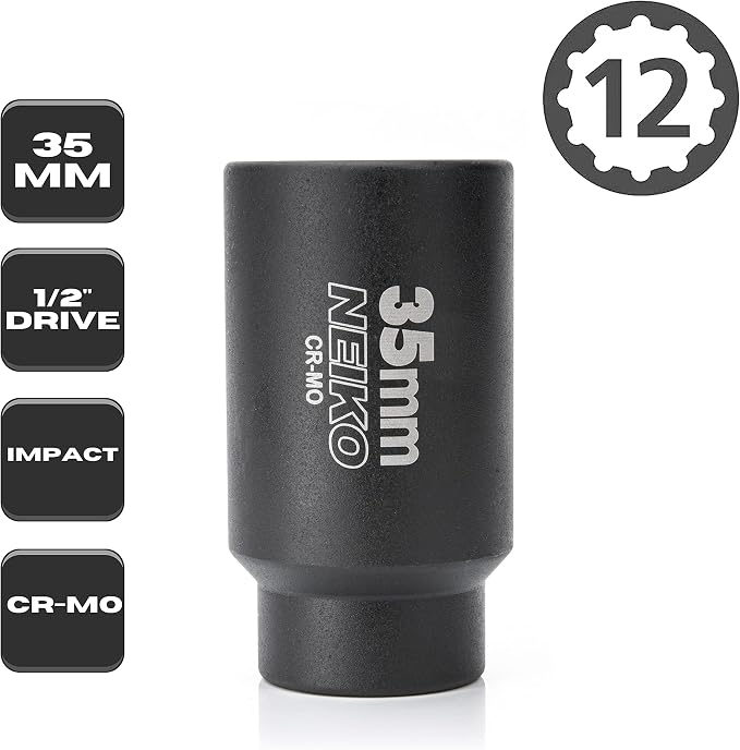 NEIKO 02526A 35mm Socket | 1/2” Drive Deep Impact Socket | Spindle & Axle Nut Socket | 12 Point |Chrome Molybdenum Cr-Mo |Deep Well Hub | Triple Square | Axle Shaft Nut Remover