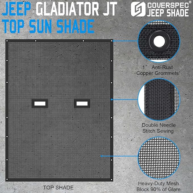JT Top Sun Shade Roof Compatible with Jeep Gladiator 4 Door 2018 to 2023 Sunshade Sunroof Bikini Cover Blocks UV Wind Noise Black Mesh for Full Length