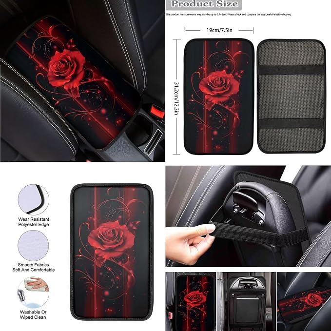 Red Rose Car Seat Covers Full Set 8 Pcs Car Accessories for Women Front Seat Cover Steering Wheel Armrest Cover Seat Belt Cover for Auto SUV Interior Decoration