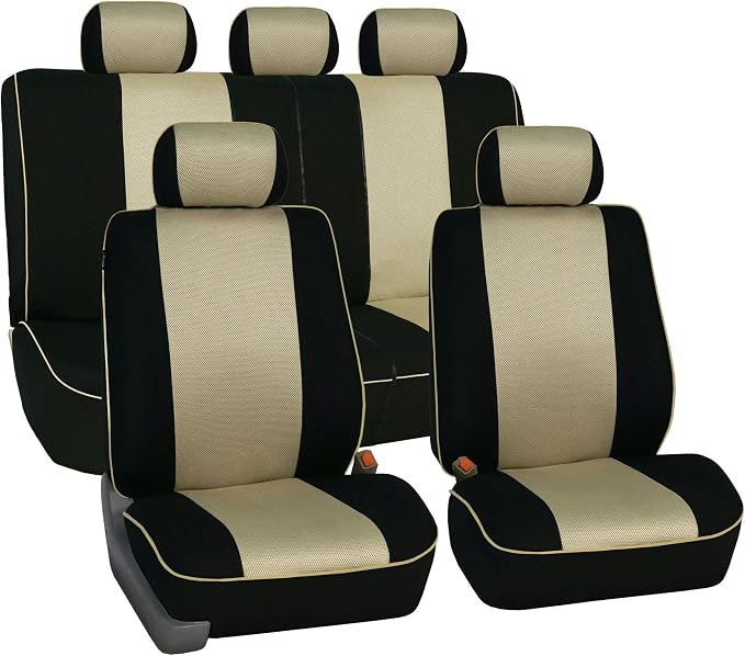 FH Group Full Set Cloth Car Seat Covers - Universal Fit, Low Back Front Seat Covers, Airbag Compatible, Split Bench Rear Seat, Washable Seat Cover for SUV, Sedan, Van Beige