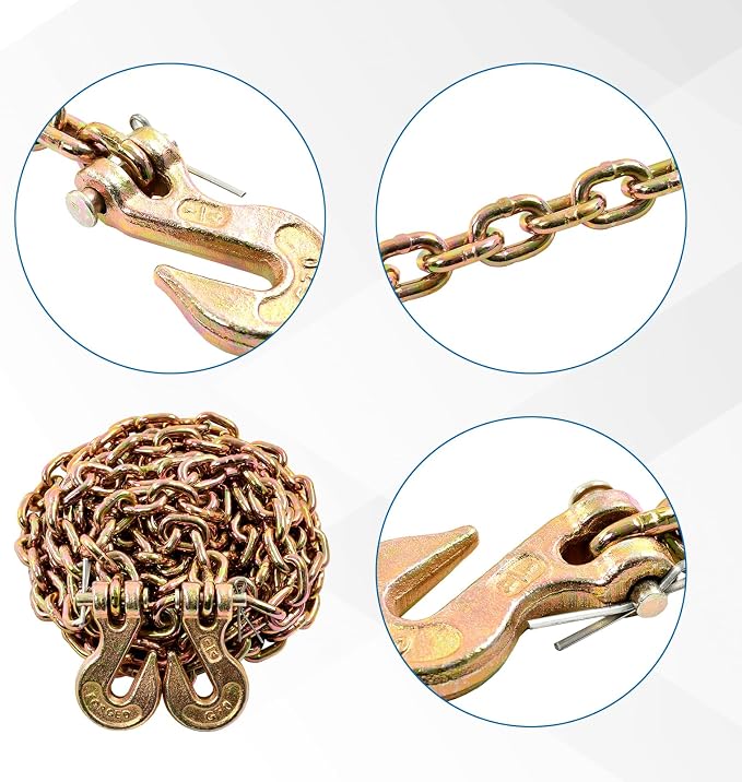 1/4 Inch x 16 Feet Transport Binder Chain G80 Safey Tow Chain with Grab Hooks 3300 Lbs Safe Work Load for Transporting Towing Tie Down Binding Equipment