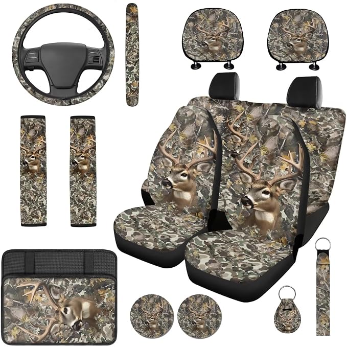 Bulopur Elk Hunting Camo Automotive Seat Covers Set with Matching Steering Wheel Cover Breathable Center Console Cushion Pad Non-Slip Seat Headrest Cover 14 Pack Auto Interior Accessories