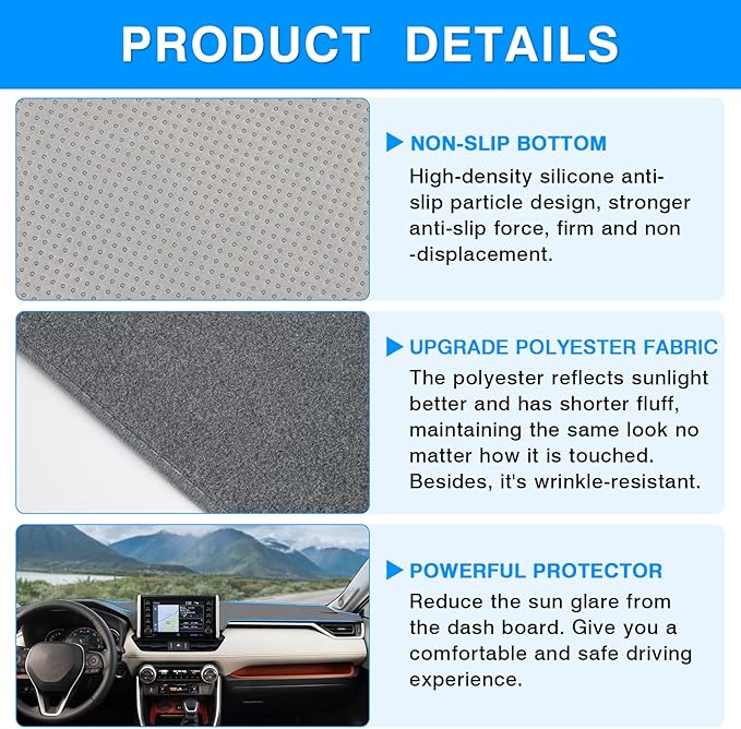 Autorder Gray Dashboard Cover Mat for Toyota RAV4 2019-2025 Accessories Dash Cover Upgrade Polyester Dash Mat Sunshade Glare UV Rays Protector
