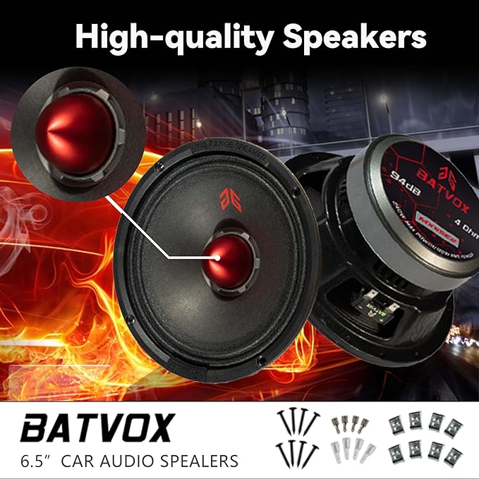 MX65E2 Loudspeaker 6.5 Inch Midrange 480 Watts 4 Ohms Red Bullet, Premium Quality Audio Door Speakers for Car or Truck Stereo Sound System, Black (2 Speakers)