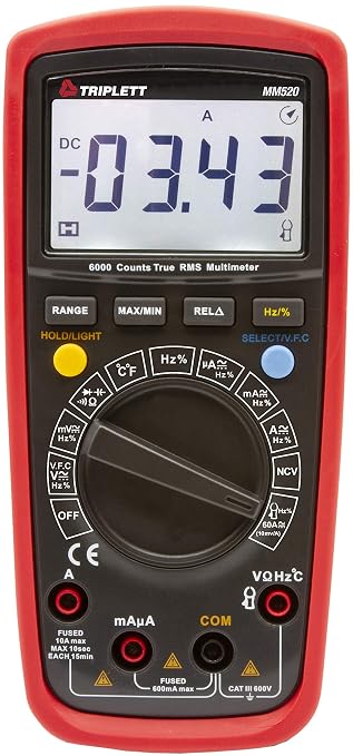 Triplett MM520 True RMS 6000 Count High Performance Digital Multimeter with Certificate of Calibration to NIST - AC/DC Voltage, AC/DC Current, Resistance, Temperature, Continuity