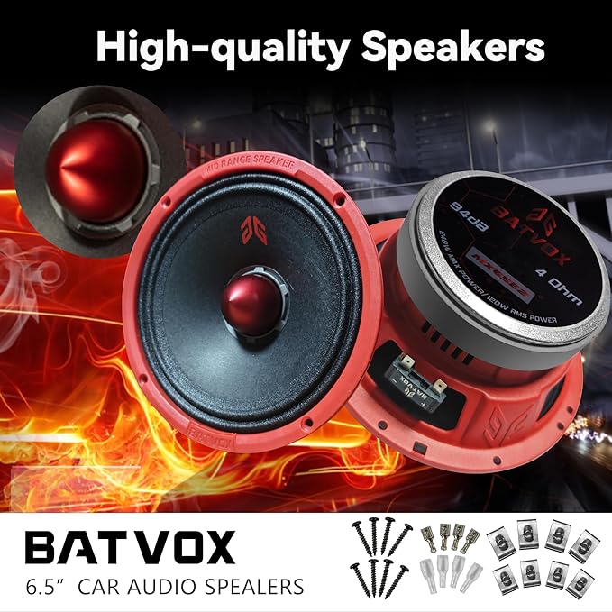 MX65E2 Loudspeaker 6.5 Inch Midrange 480 Watts 4 Ohms Red Bullet, Premium Quality Audio Door Speakers for Car or Truck Stereo Sound System, Red (2 Speakers)