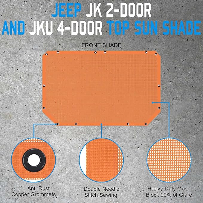 JK Sun Shade Top Compatible with Jeep Wrangler 4 Door 2007 to 2018 Sunshade Sunroof Bikini Cover Blocks UV Wind Noise Orange Mesh for Front