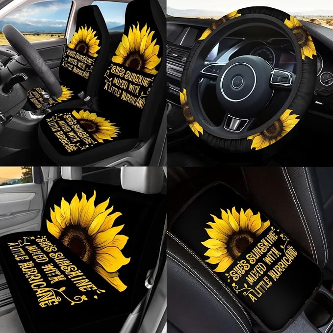 She's Sunshine Sunflower Car Seat Covers Set Full Set 17 Pack Sunflower Car Accessories Set with Cute Cow Print Steering Wheel Covers,Headrest Covers,Trash Container for Auto,Universal Fit