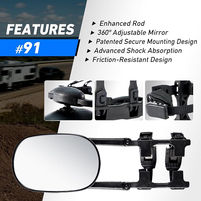 MG91 Dual-Arm Towing Mirrors for Trucks, SUVs, RVs & Trailers | Dual-arm support with extra securing straps and a rubber strap helps reduce vibration on highways and rough roads. Black.