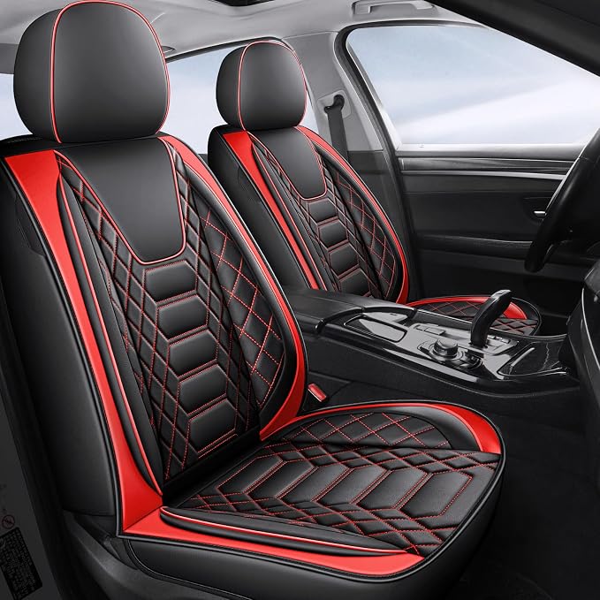 FREESOO Car Seat Covers Leather, Seat Cover Full Set Waterproof Automotive Cushion Protector Accessories Airbag Compatible Universal Fit for 5 Seats Vehicle (Black Red 8)