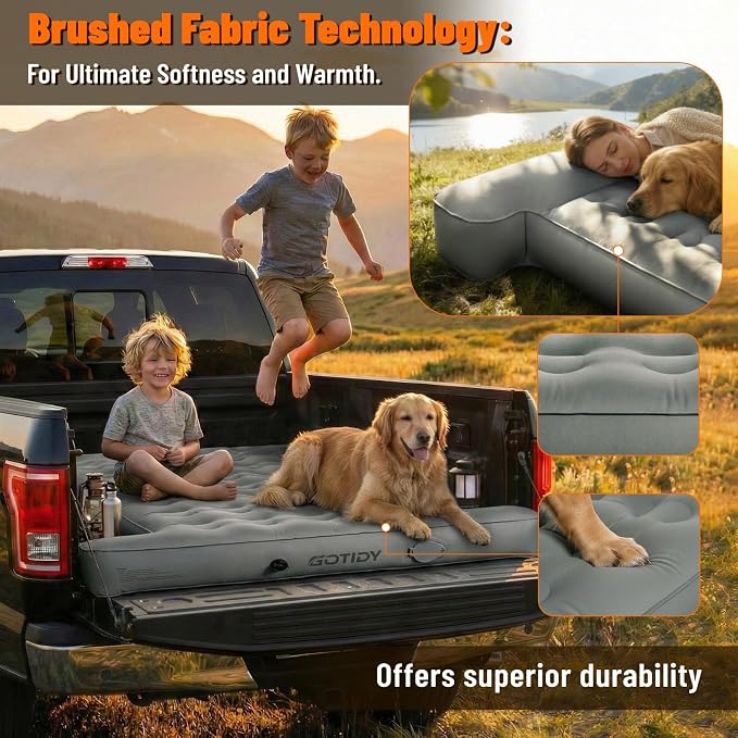 Comfortable Fabric Texture Truck Bed Mattress 5.5-5.8ft for Full-Size Pickup, Truck Bed Air Mattress Customized for Tundra/ F150/ Silverado/ Ram1500, with Bult-in-Air Pump,Camping & Road Trip