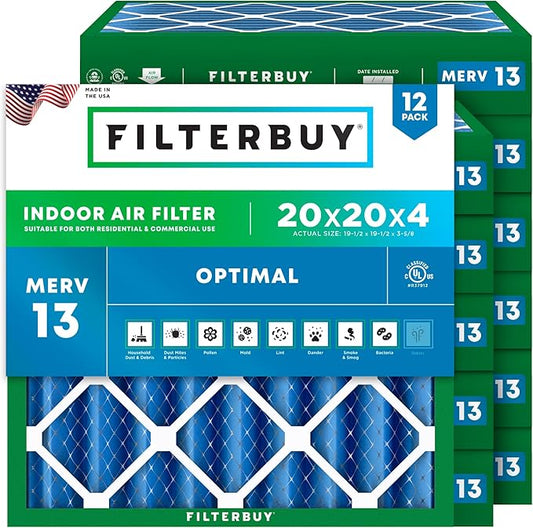 Filterbuy 20x20x4 Air Filter MERV 13 Optimal Smoke & Allergy Defense (12-Pack), Electrostatic Pleated HVAC AC Furnace Filters Replacement (Actual Size: 19.50 x 19.50 x 3.63)