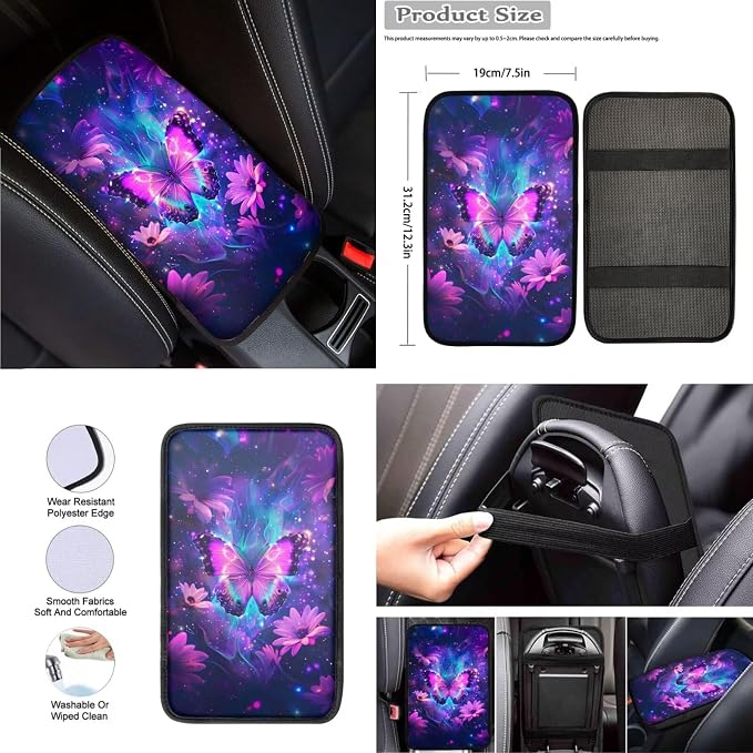8 Pcs Purple Butterfly Car Interior Accessories Set for Women, Car Seat Cover Full Set with Automotive Steering Wheel Cover Auto Center Console Pad Seat Belt Pads