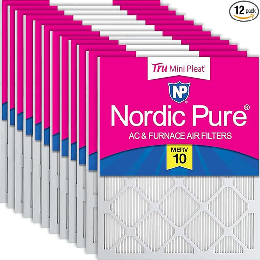 Nordic Pure 16x20x1 (Actual Size: 15 1/2 x 19 1/2 x 3/4) Tru Mini Pleat MERV 10 AC Furnace Air Filters – 2.5X More Media for Longer-Lasting, High-Efficiency Filtration - 12 Pack
