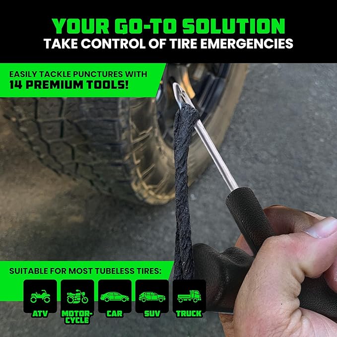 Rhino USA Compact Tire Repair Kit (14-Piece) – Heavy Duty Plug Set with Included Lubricant to Fix Punctures and Seal Flats – Tubeless Tool for Car, Motorcycle, ATV, UTV, RV & Trailer