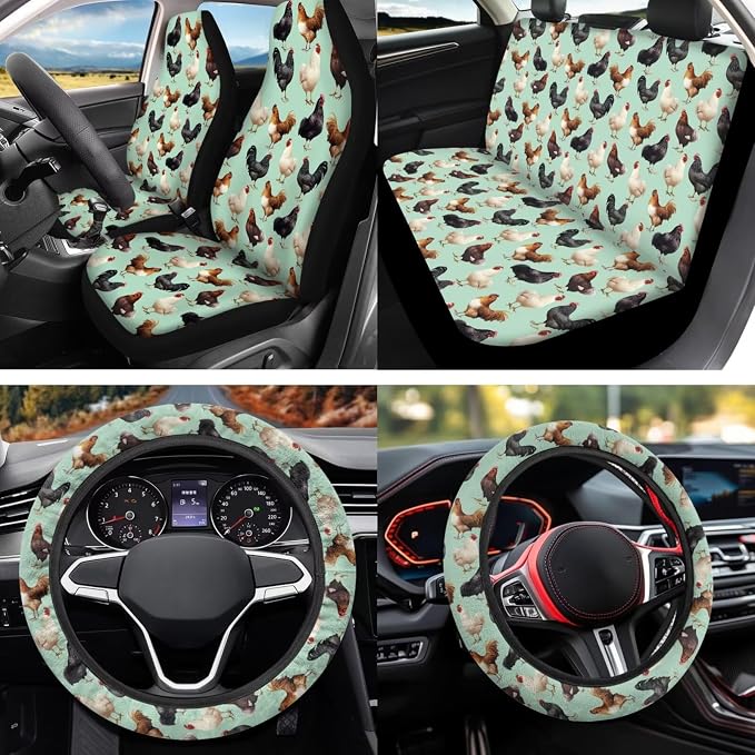 Rooster 12 Pcs Car Seat Covers with Steering Wheel Cover,Seat Belt Covers Cup Holder with Keychain Novelty Automotive Protector Set Universal Fit Automotive Most Cars