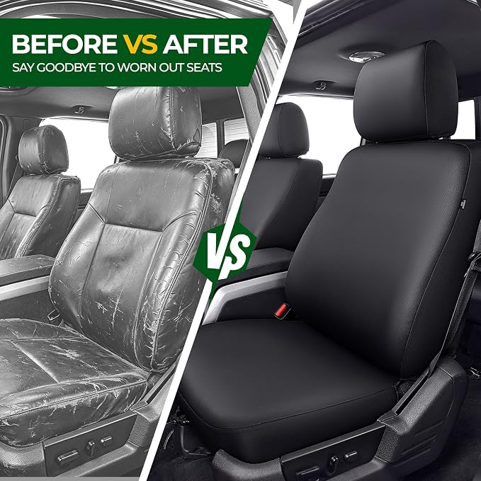 2 Front Custom Waterproof Faux Leather Truck Seat Covers for Ford F150 2009-2026,F250 F350 F450 2017-2026 with Seat Belt Shoulder Pads and Steering Wheel Cover,Black