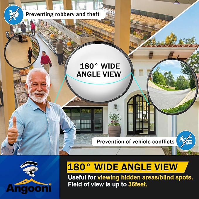 Angooni 15" HD Convex Traffic Mirror - Freely Adjustable Blind Spot Mirror, Heavy Acrylic Mirrors - Security Mirrors for Driveway, Garage Parking, Office
