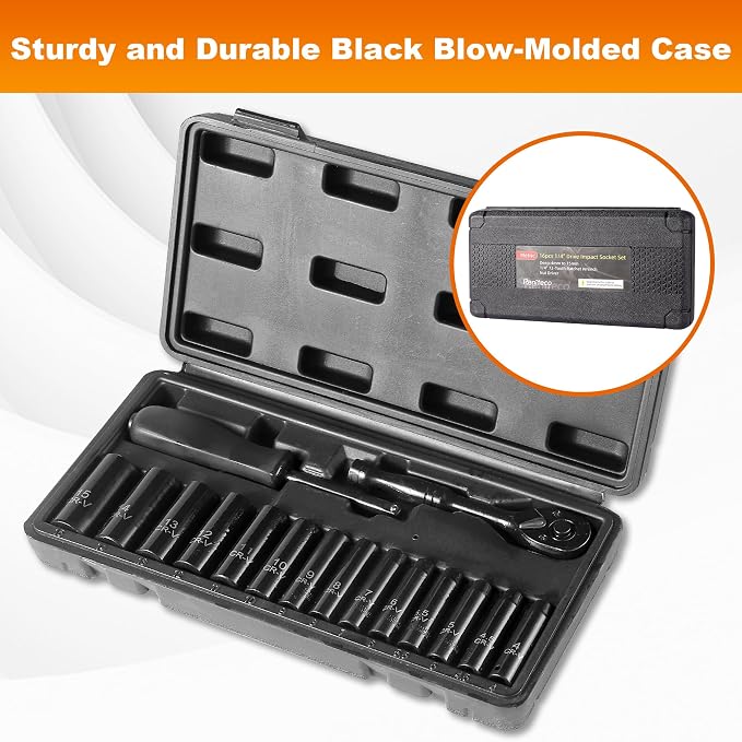 Reniteco 16-Piece 1/4" Drive Socket Set, Metric (4mm-15mm), Deep Sockets, 72-Tooth Ratchet Wrench, Drive Spinner Handle, 6 Point Design, Cr-V