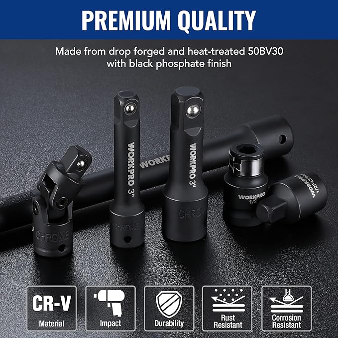 WORKPRO 18-Piece Impact Socket Extension Set & WORKPRO 16-inch Dual Drive Breaker Bar, 3/8" & 1/2" Drive