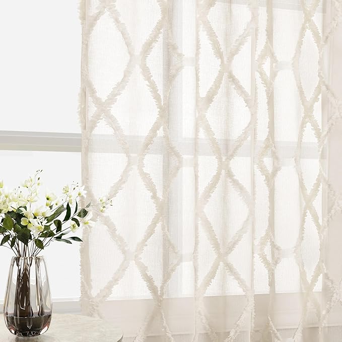 Extra Long Beige Sheer Curtains 126 Inches Long for Living Room Back Tab Semi Sheer Curtain Geometric Embroidered Tuft Pom Textured Curtian Drapes Earth Tone Farmhouse Rustic Bedroom Taupe Tan 52x126