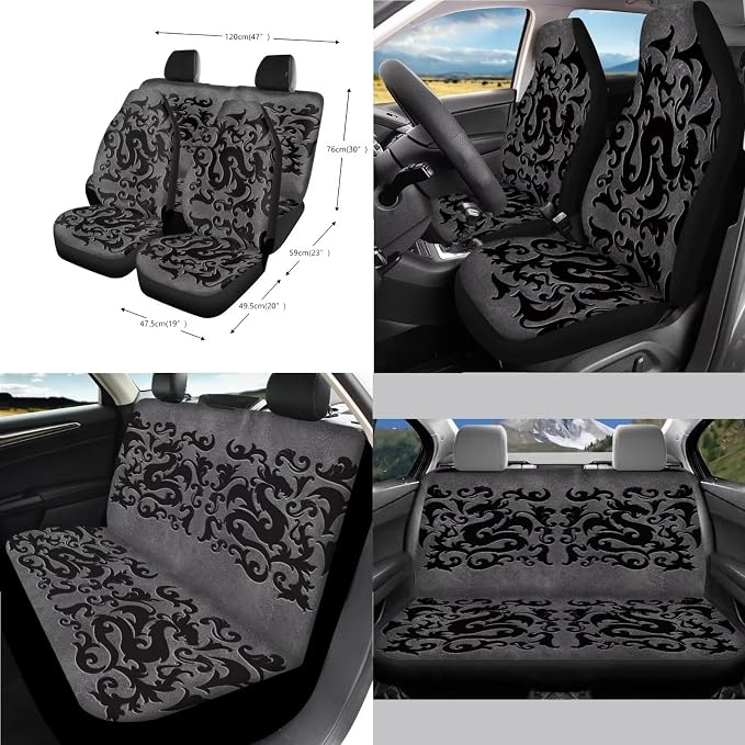 Dragon Print Car Seat Cover Set for Men Comfy Elastic Car Seat Protectors with Decorative Steering Wheel Cover Center Console Pad Safety Belt Pads Garbage Bag, Easy to Install