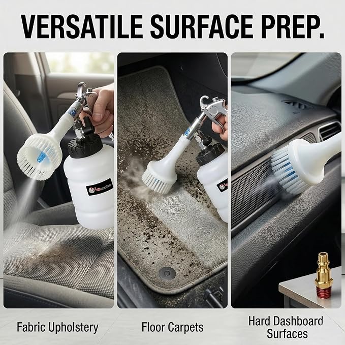 LE LEMATEC Interior Detailing Gun, Air Foam Car Wash Tool with Scrub Brush | Cleans Upholstery Carpet Vents Seats, Pneumatic Tornado Cannon, Solution Bottle, Auto Detail Kit