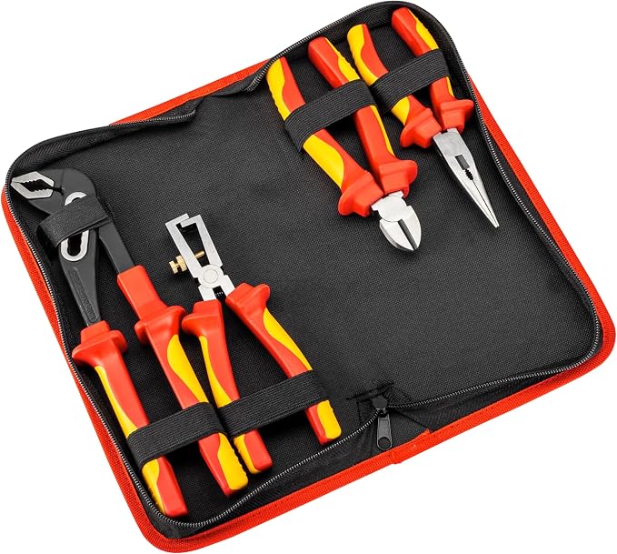 Powerbuilt 4-Piece VDE Pliers Set, Adjustable, Long Nose, Snip Pliers, High-Voltage Electrical and Hybrid Vehicles, Home Repair, Certified High-Quality - 642939