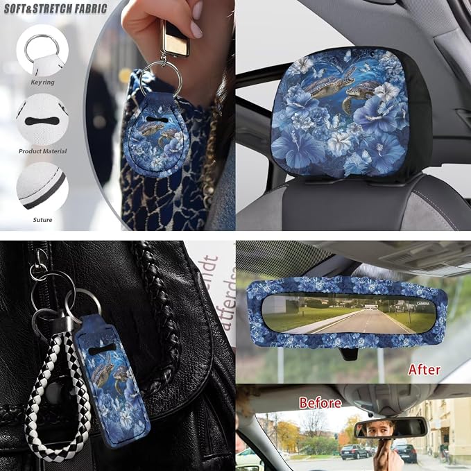 Sea Turtle Car Seat Covers Full Set Hibiscus Printed Car Interior Accessories Set Included Steering Wheel Cover Seat Belt Pad Armrest Protector Coaster for Auto, Blue
