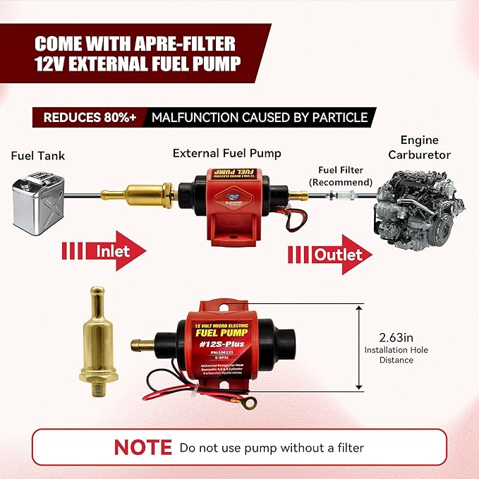 Universal 12 Volt Electric Fuel Pump 5-9 PSI, 35GPH, Super 12S Plus for Gasoline Diesel Engines with 5/16 Inch (8mm) ID Fuel Line Hose 6.56FT