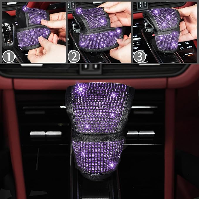 NBTEPEM 12 Pcs Bling Car Accessories Set for Women Car Floor Mats Full Set Steering Wheel Cover Seat Belt Covers Coasters Universal Fit Car SUV Truck Van Purple
