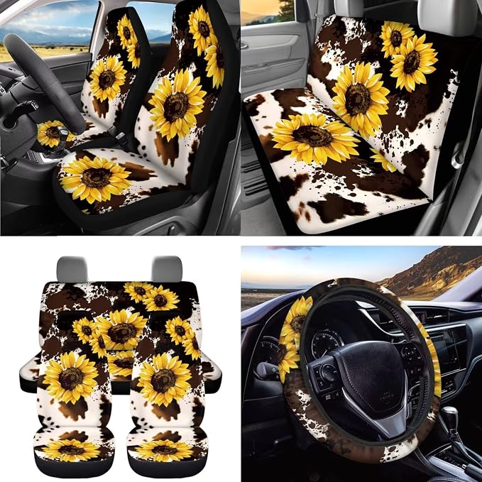 Dreaweet Car Seat Covers Full Set for Women Brown Cow Print and Sunflower Car Accessories - Steering Wheel Cover Seat Belt Pads Car Coasters Trash Bag Air Vent Pouch Rearview Mirror Cover Keychain