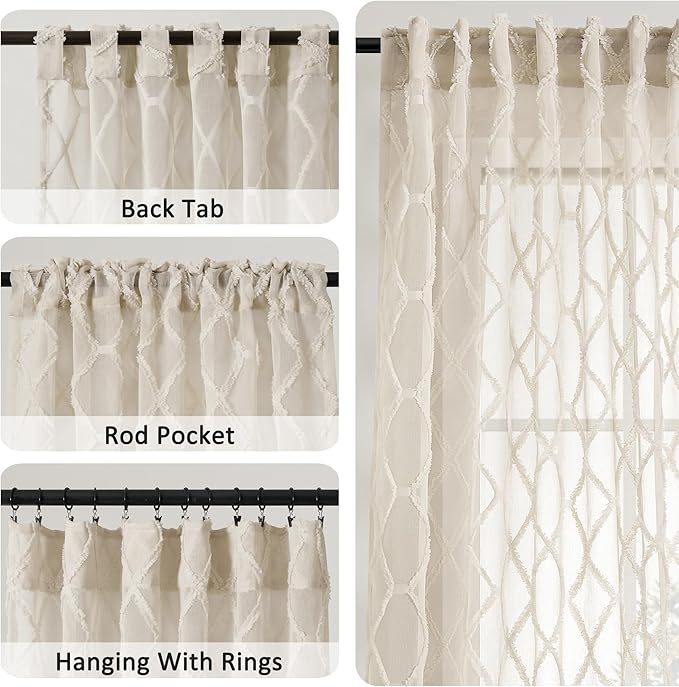 Extra Long Beige Sheer Curtains 126 Inches Long for Living Room Back Tab Semi Sheer Curtain Geometric Embroidered Tuft Pom Textured Curtian Drapes Earth Tone Farmhouse Rustic Bedroom Taupe Tan 52x126