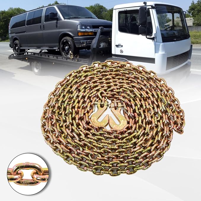 Heavy Duty G80 Transport Binder Chain 1/4'' Inch x 20 Feet,Tow Chain with G70 Clevis Grab Hooks,3300 lbs Safe Working Load Logging for Transporting, Towing(1/4'' x 20FT Yellow).
